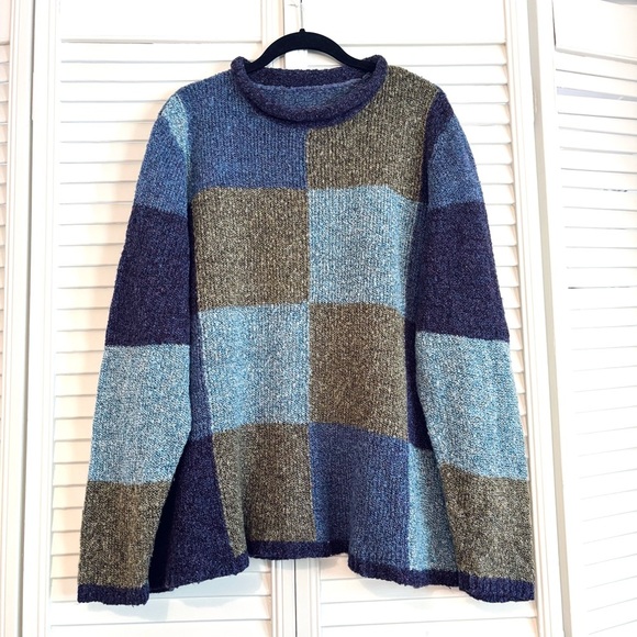 Vintage Sweaters - Vintage Checkered Chunky Oversized Mock Neck Sweater Purple Blue Brown